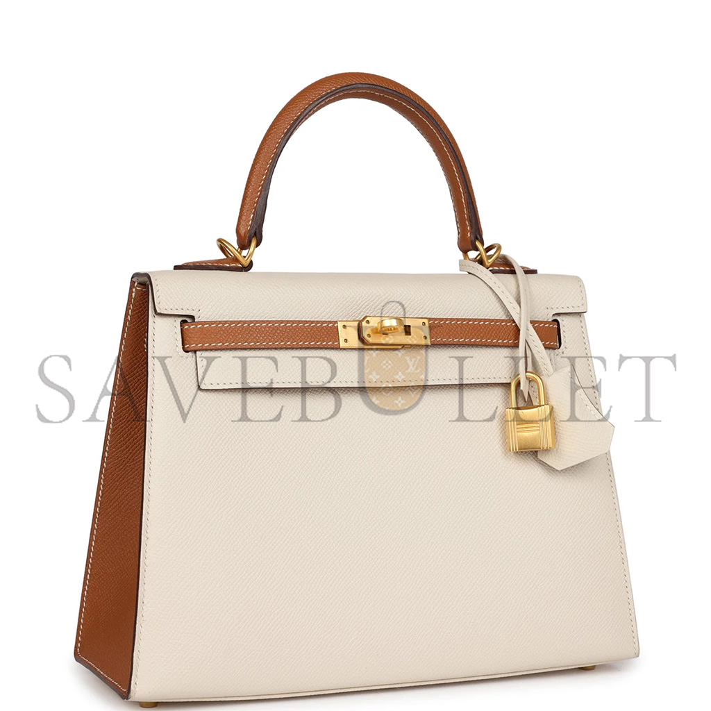 HERMÈS MASTER KELLY SELLIER 25 CRAIE AND GOLD EPSOM BRUSHED GOLD HARDWARE (25*17*7cm) 